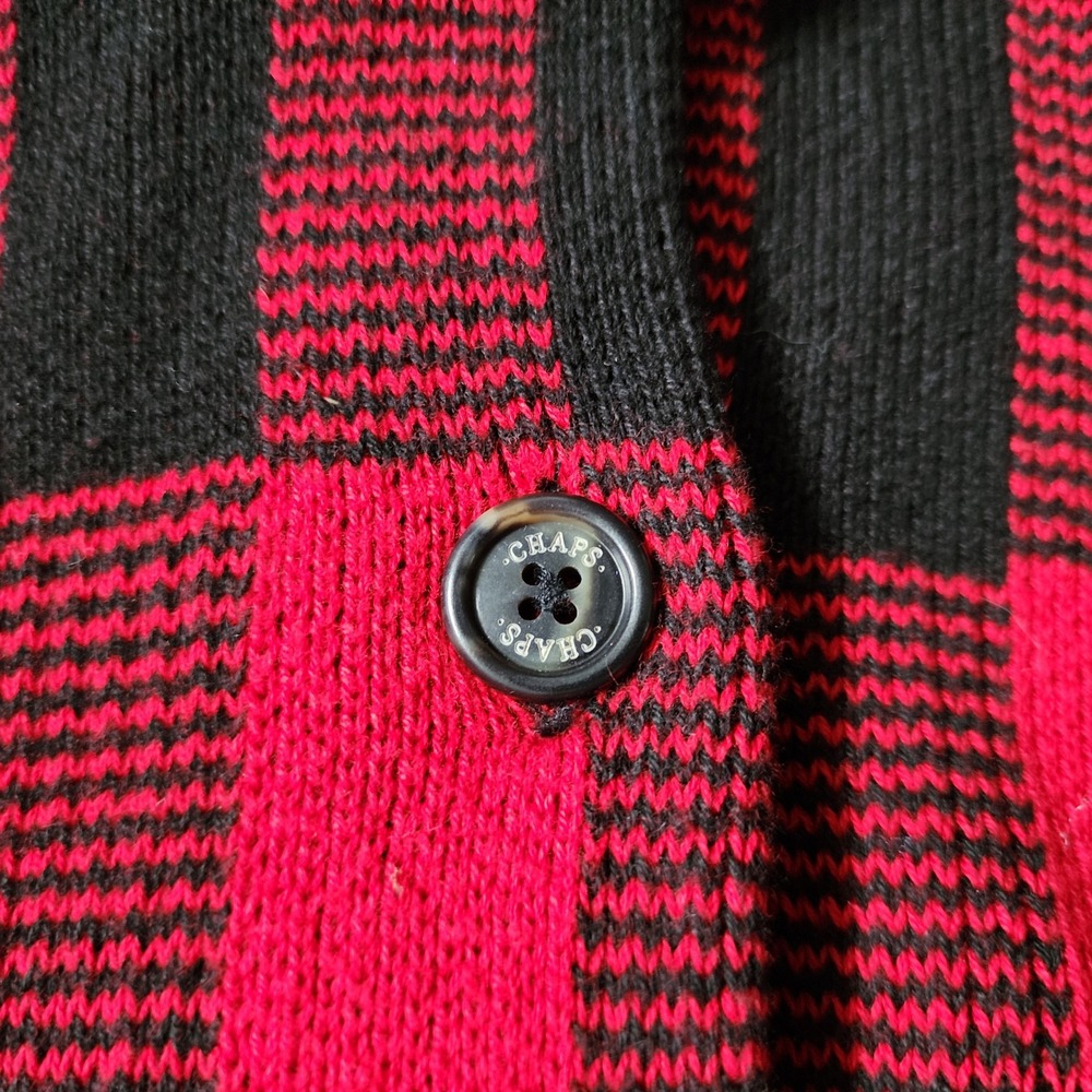 Chaps Mens Red Black Buffalo Plaid Shawl Collar Button Front Knit Cardigan L - Picture 8 of 11